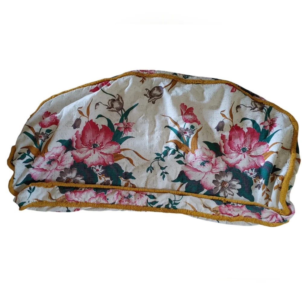 Vintage Barc Cloth Cushion Cover Floral Pattern Edged in Gold Fringe